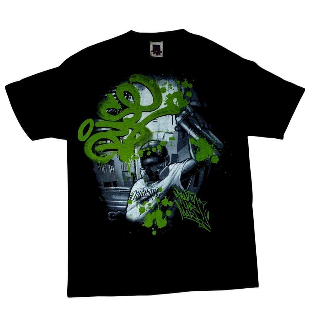 DyseOne Street Art Graffiti T-Shirt – Spray Can Graphic – Black/Green – Size L